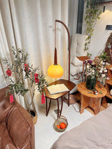Modern Cantilever Floor Lamp with Walnut Wood Side Table and Orange Glass Shade