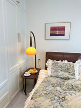 Modern Cantilever Floor Lamp with Walnut Wood Side Table and Orange Glass Shade
