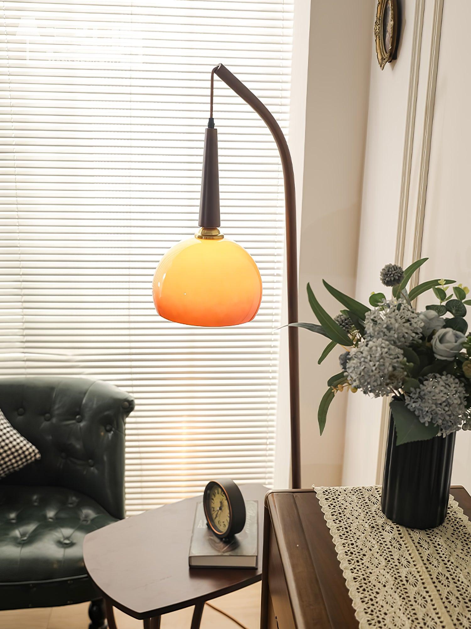 Modern Cantilever Floor Lamp with Walnut Wood Side Table and Orange Glass Shade