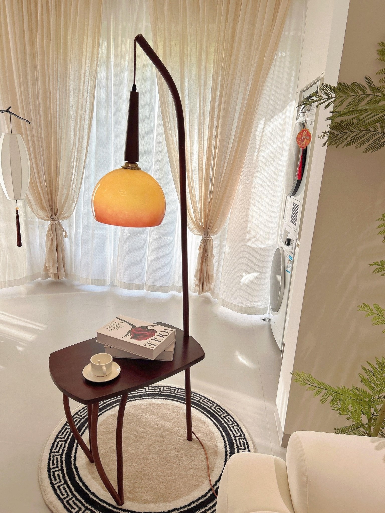 Modern Cantilever Floor Lamp with Walnut Wood Side Table and Orange Glass Shade