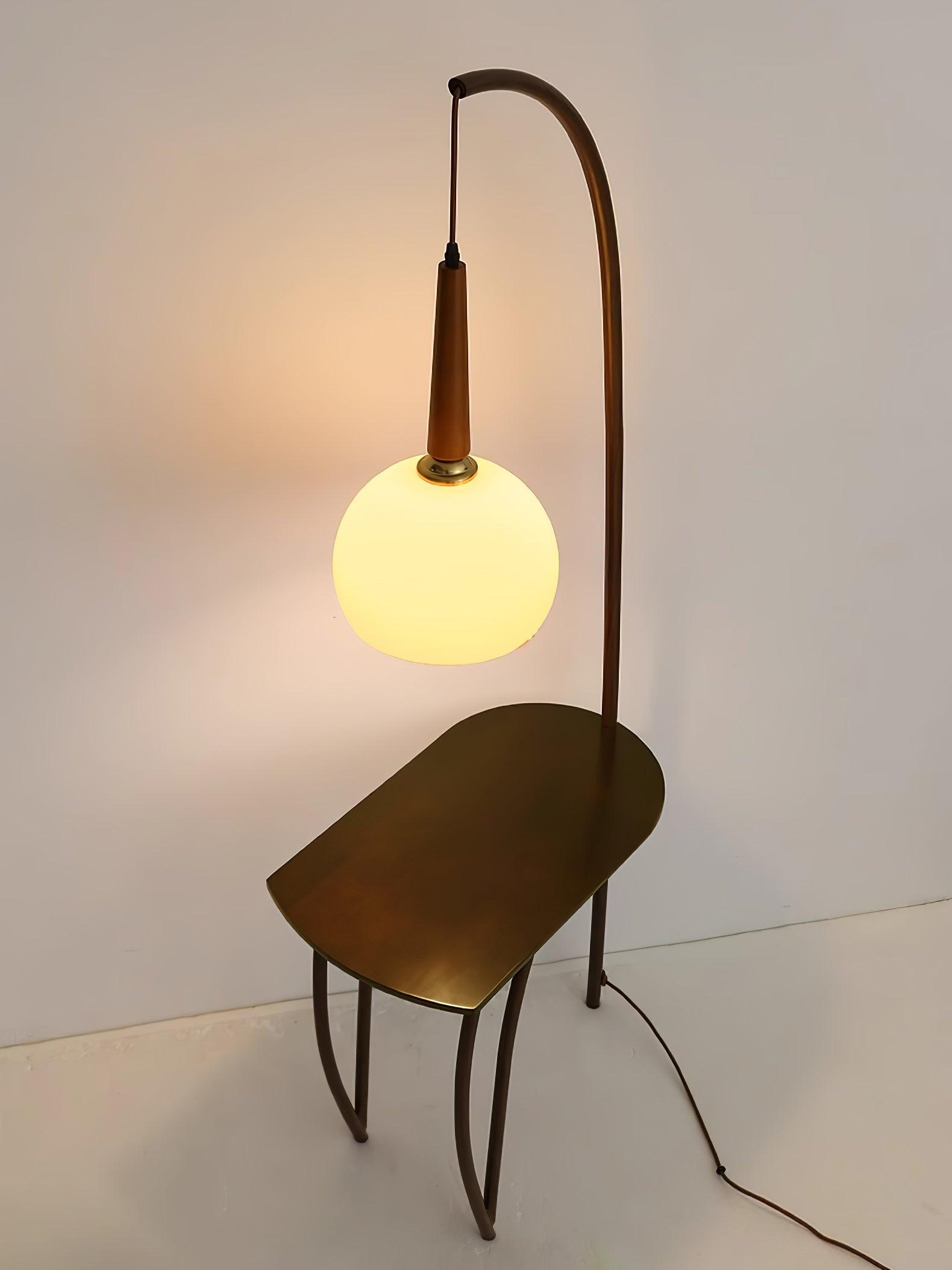 Modern Cantilever Floor Lamp with Walnut Wood Side Table and Orange Glass Shade