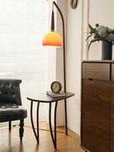 Modern Cantilever Floor Lamp with Walnut Wood Side Table and Orange Glass Shade