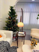 Modern Cantilever Floor Lamp with Walnut Wood Side Table and Orange Glass Shade
