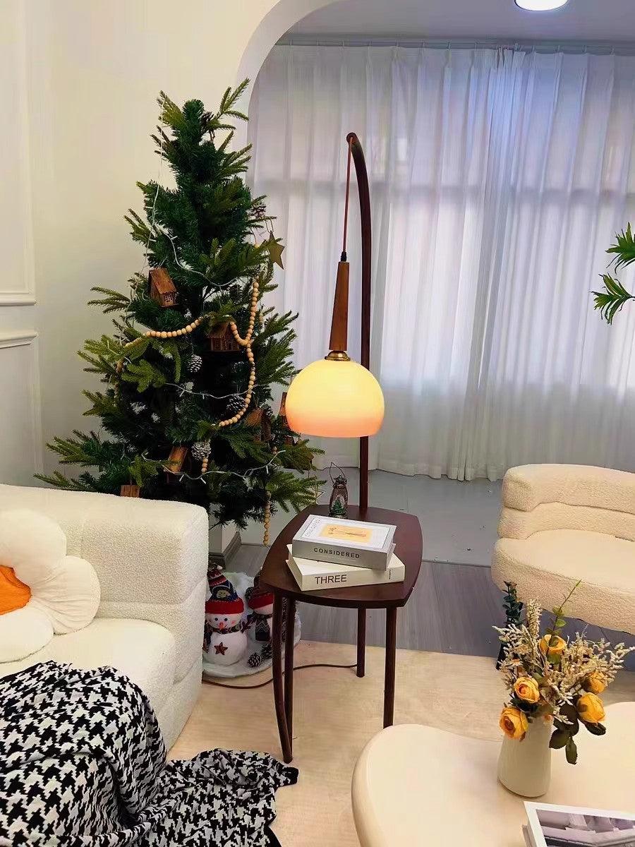 Modern Cantilever Floor Lamp with Walnut Wood Side Table and Orange Glass Shade