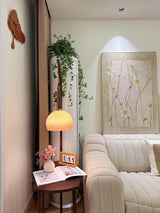 Modern Cantilever Floor Lamp with Walnut Wood Side Table and Orange Glass Shade
