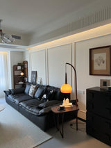 Modern Cantilever Floor Lamp with Walnut Wood Side Table and Orange Glass Shade