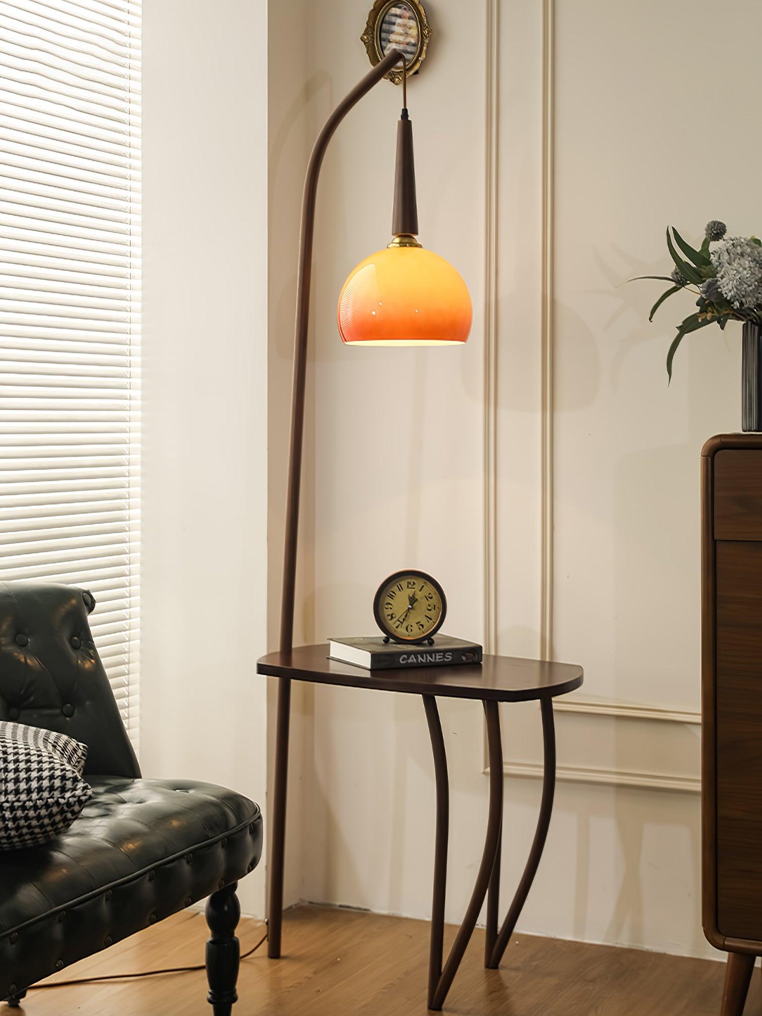 Modern Cantilever Floor Lamp with Walnut Wood Side Table and Orange Glass Shade