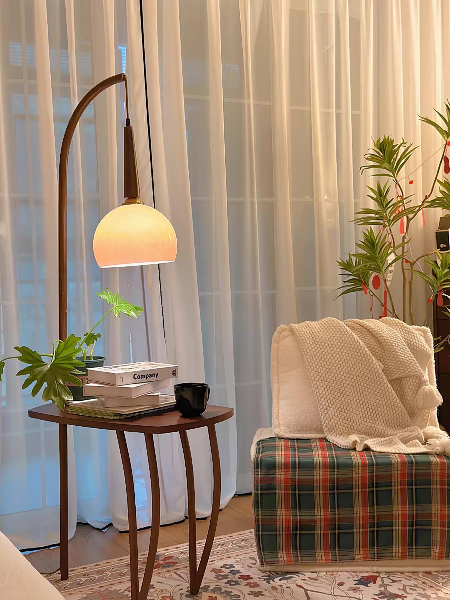Modern Cantilever Floor Lamp with Walnut Wood Side Table and Orange Glass Shade