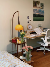 Modern Cantilever Floor Lamp with Walnut Wood Side Table and Orange Glass Shade