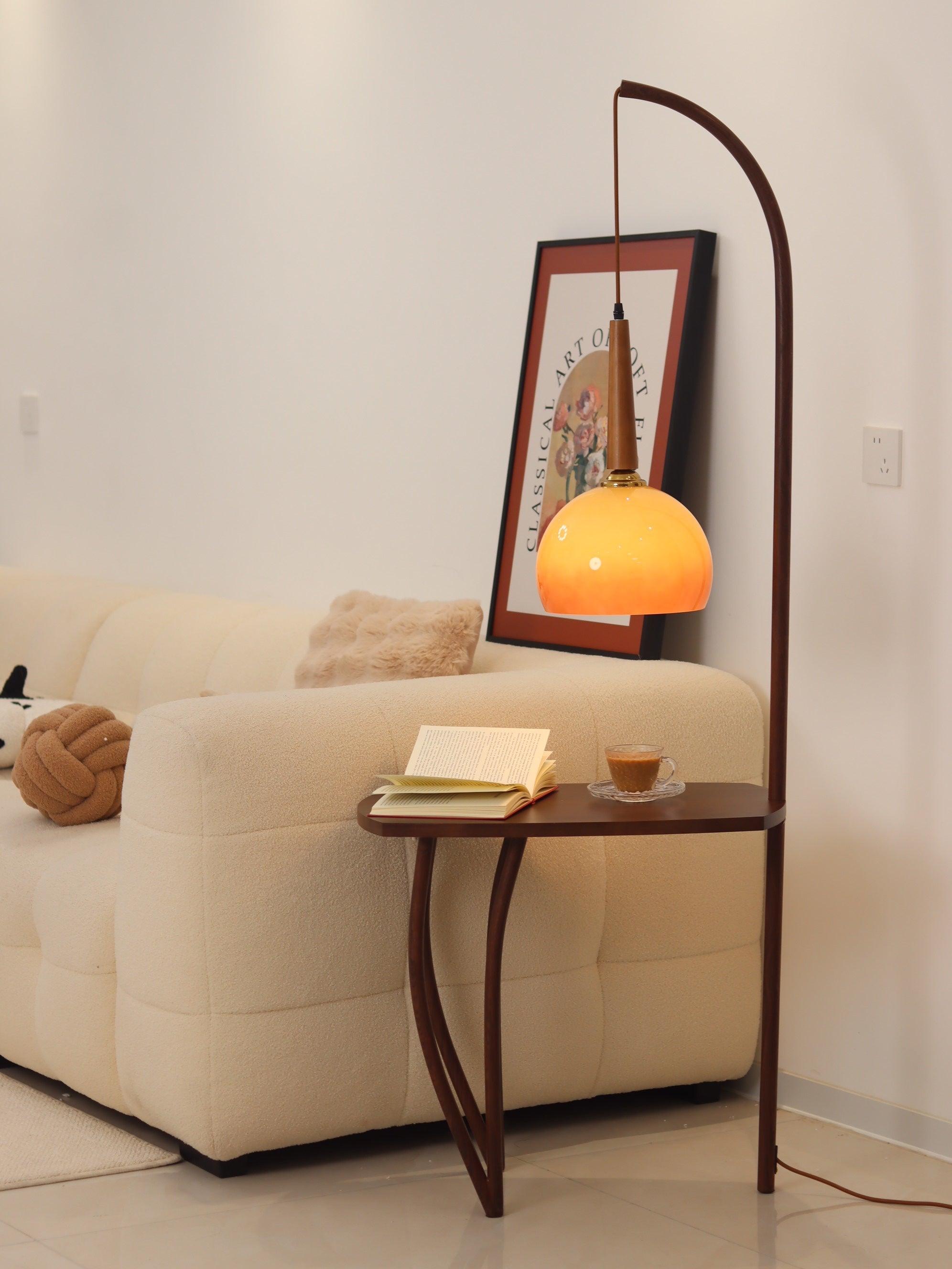 Modern Cantilever Floor Lamp with Walnut Wood Side Table and Orange Glass Shade