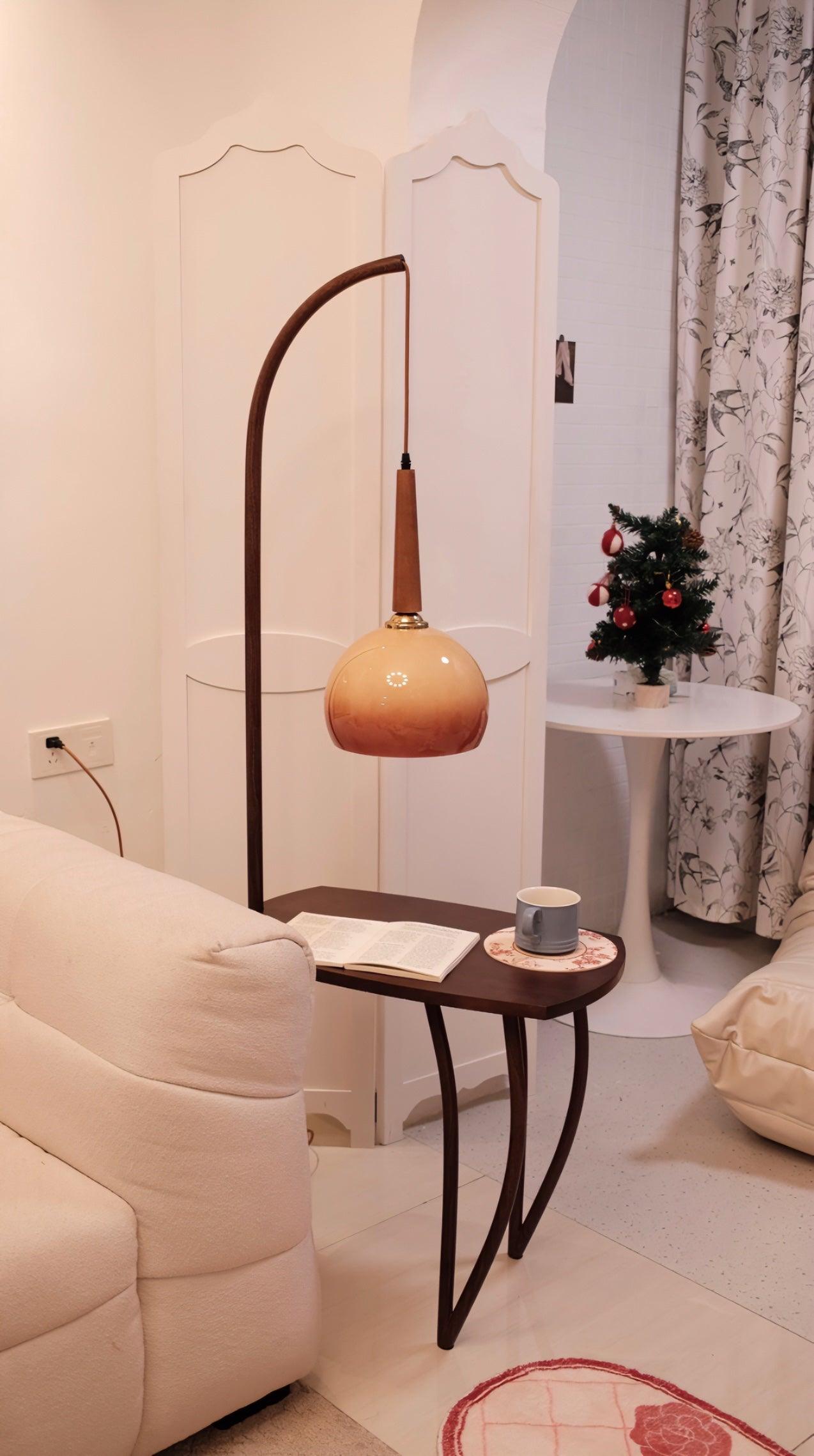 Modern Cantilever Floor Lamp with Walnut Wood Side Table and Orange Glass Shade