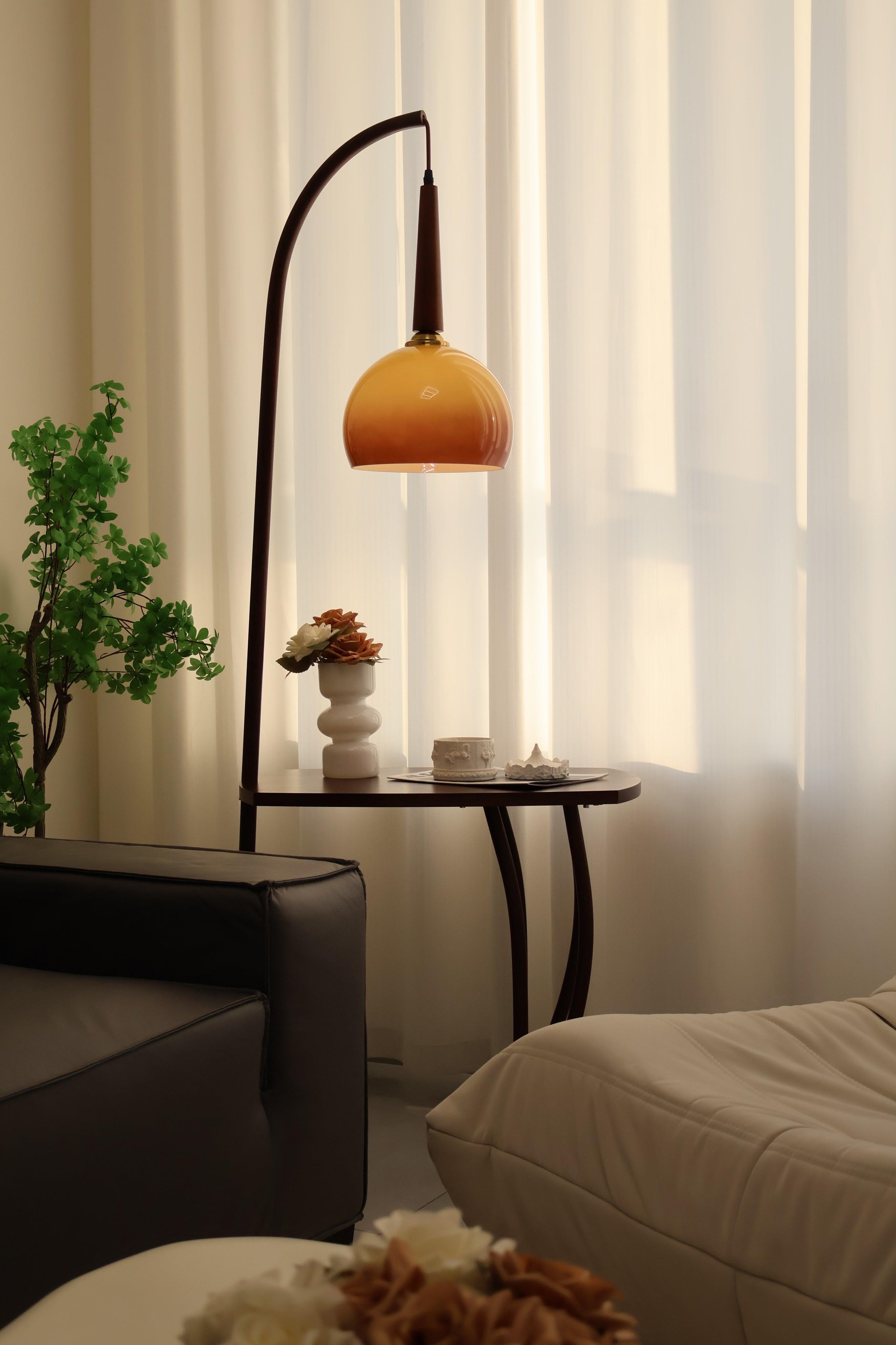 Modern Cantilever Floor Lamp with Walnut Wood Side Table and Orange Glass Shade
