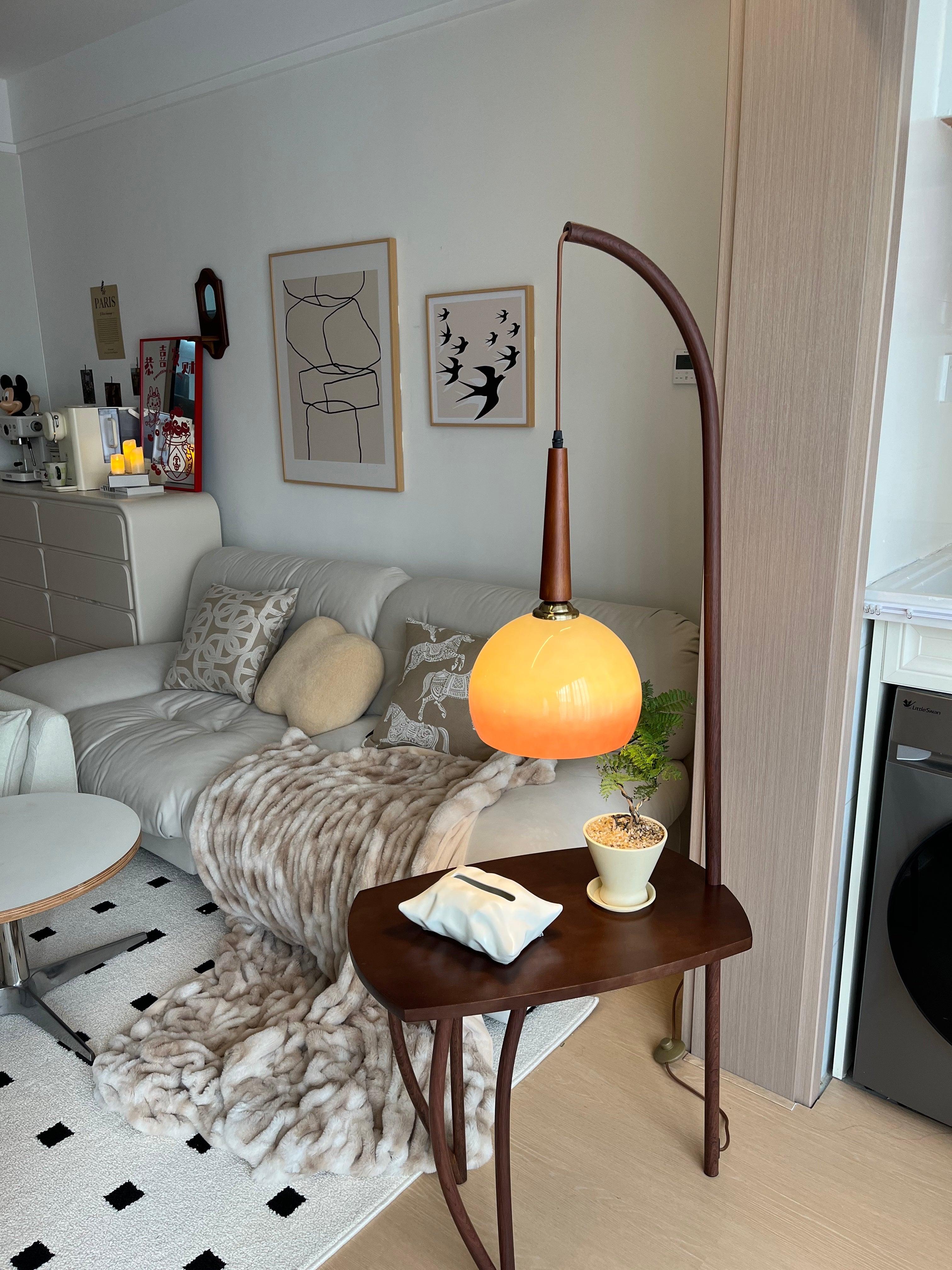Modern Cantilever Floor Lamp with Walnut Wood Side Table and Orange Glass Shade