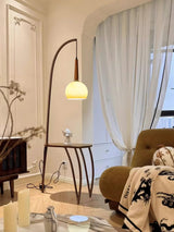 Modern Cantilever Floor Lamp with Walnut Wood Side Table and Orange Glass Shade