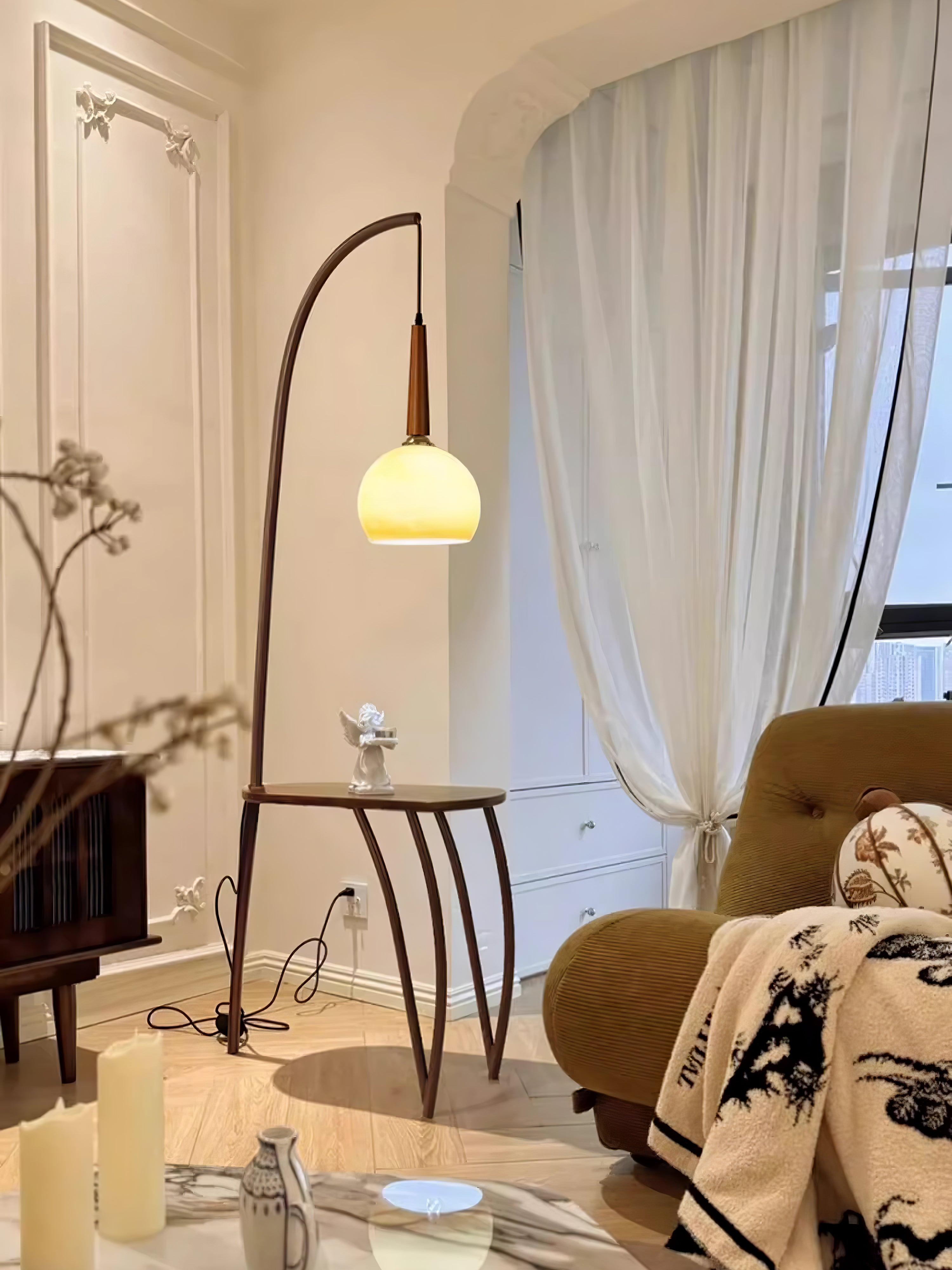 Modern Cantilever Floor Lamp with Walnut Wood Side Table and Orange Glass Shade