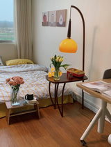 Modern Cantilever Floor Lamp with Walnut Wood Side Table and Orange Glass Shade