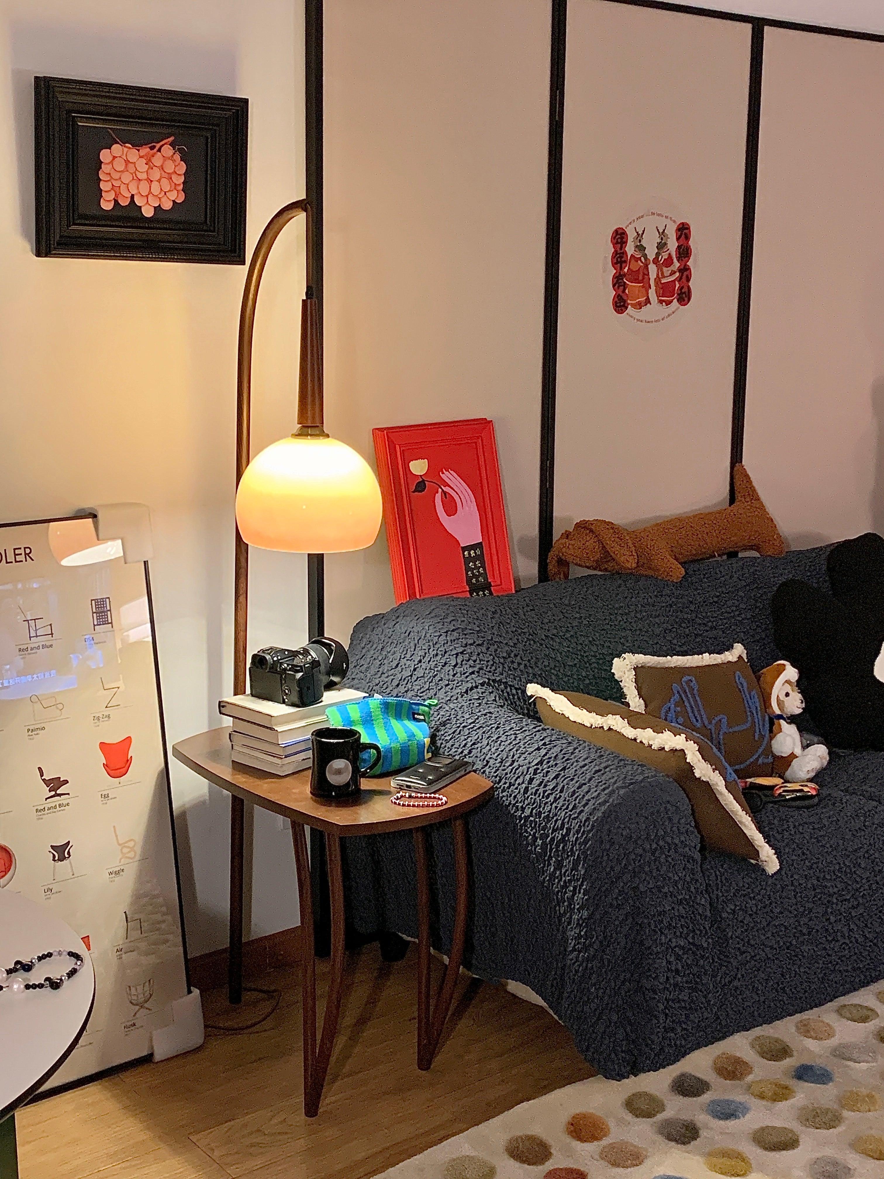 Modern Cantilever Floor Lamp with Walnut Wood Side Table and Orange Glass Shade