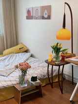 Modern Cantilever Floor Lamp with Walnut Wood Side Table and Orange Glass Shade