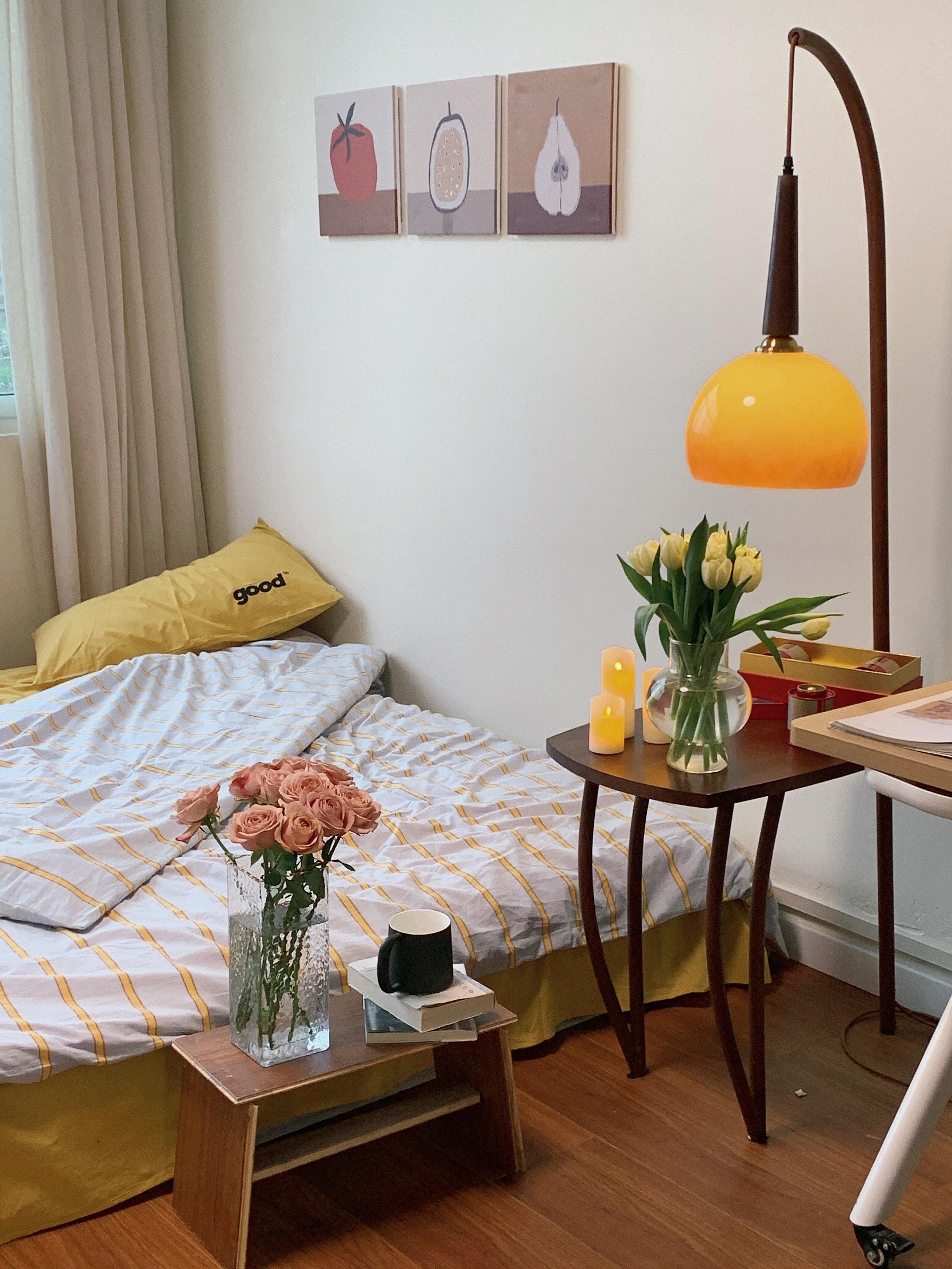 Modern Cantilever Floor Lamp with Walnut Wood Side Table and Orange Glass Shade