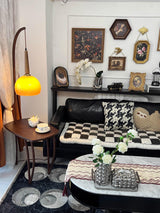 Modern Cantilever Floor Lamp with Walnut Wood Side Table and Orange Glass Shade