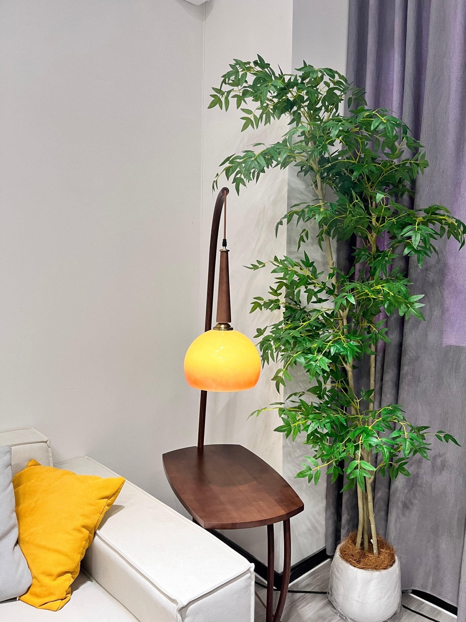 Modern Cantilever Floor Lamp with Walnut Wood Side Table and Orange Glass Shade