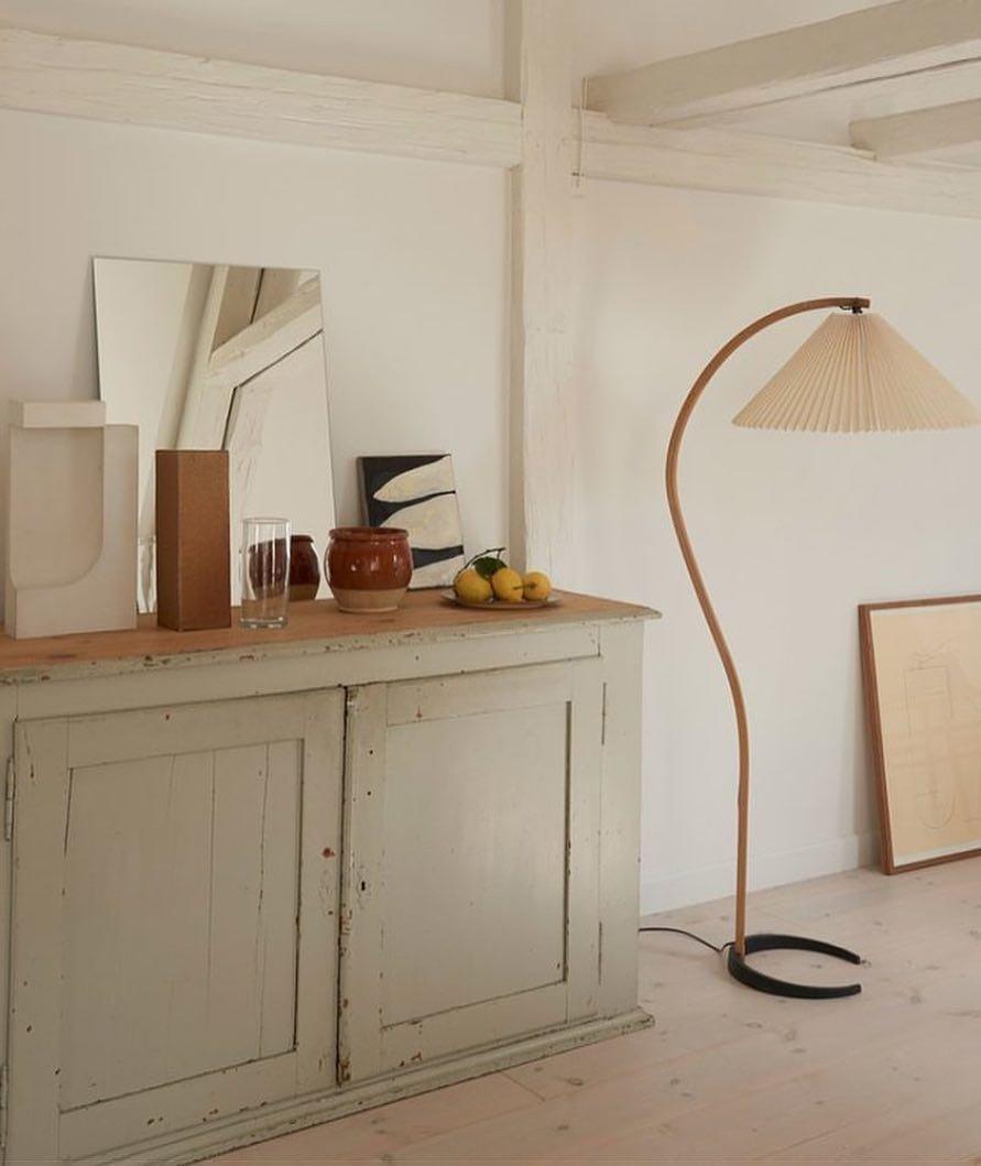 Scandinavian Beech Wood Floor Lamp with Pleated Linen Shade Mid Century Modern Standing Light