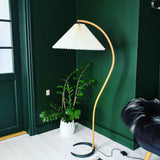 Scandinavian Beech Wood Floor Lamp with Pleated Linen Shade Mid Century Modern Standing Light