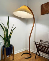 Scandinavian Beech Wood Floor Lamp with Pleated Linen Shade Mid Century Modern Standing Light