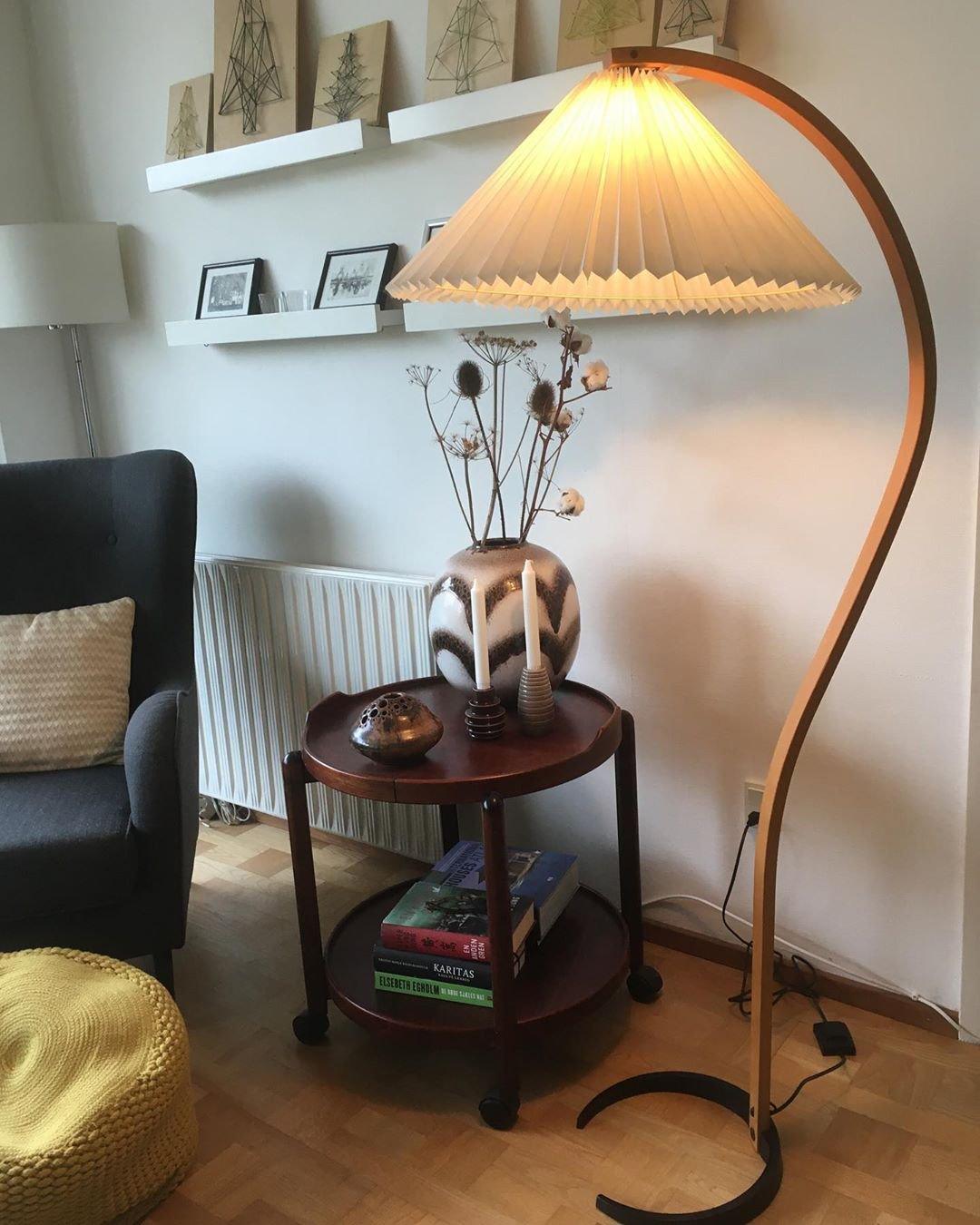 Scandinavian Beech Wood Floor Lamp with Pleated Linen Shade Mid Century Modern Standing Light