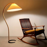 Scandinavian Beech Wood Floor Lamp with Pleated Linen Shade Mid Century Modern Standing Light