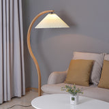 Scandinavian Beech Wood Floor Lamp with Pleated Linen Shade Mid Century Modern Standing Light