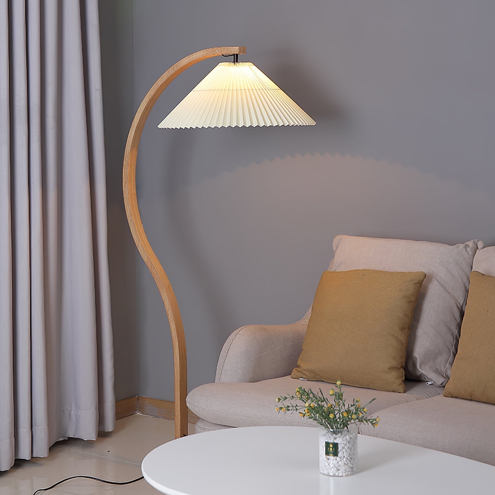Scandinavian Beech Wood Floor Lamp with Pleated Linen Shade Mid Century Modern Standing Light