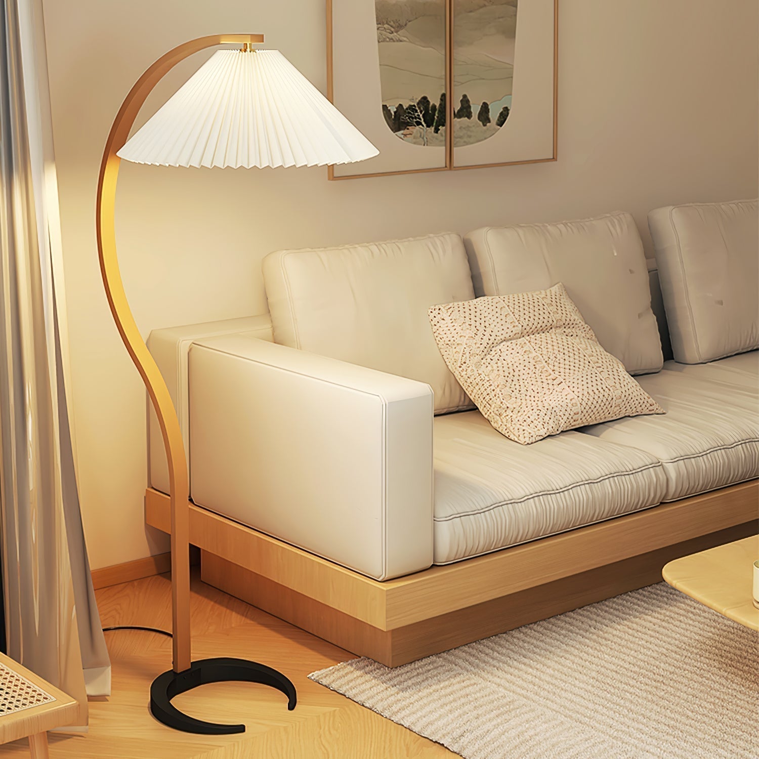 Scandinavian Beech Wood Floor Lamp with Pleated Linen Shade Mid Century Modern Standing Light