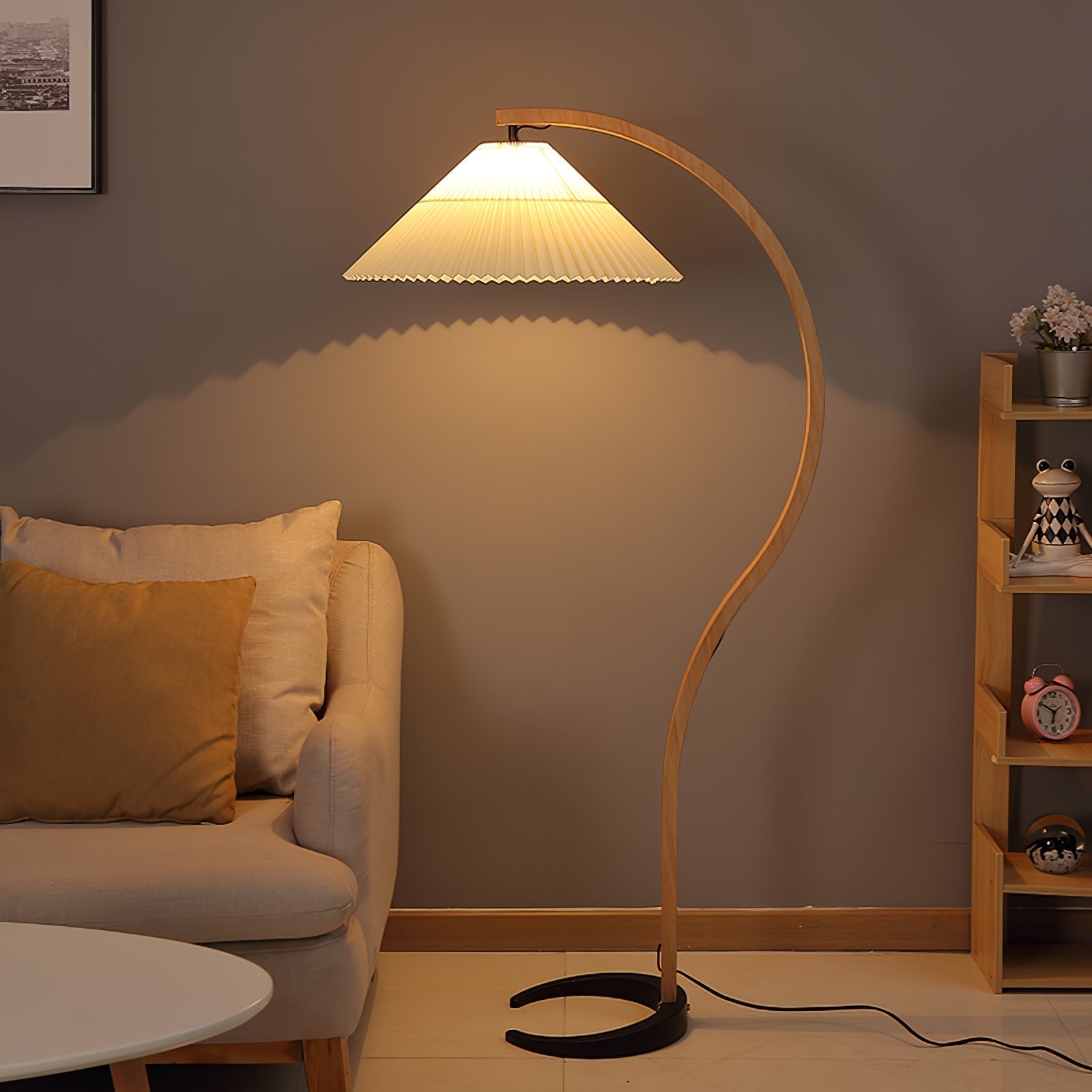 Scandinavian Beech Wood Floor Lamp with Pleated Linen Shade Mid Century Modern Standing Light