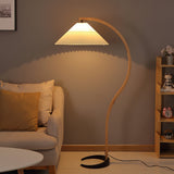 Scandinavian Beech Wood Floor Lamp with Pleated Linen Shade Mid Century Modern Standing Light
