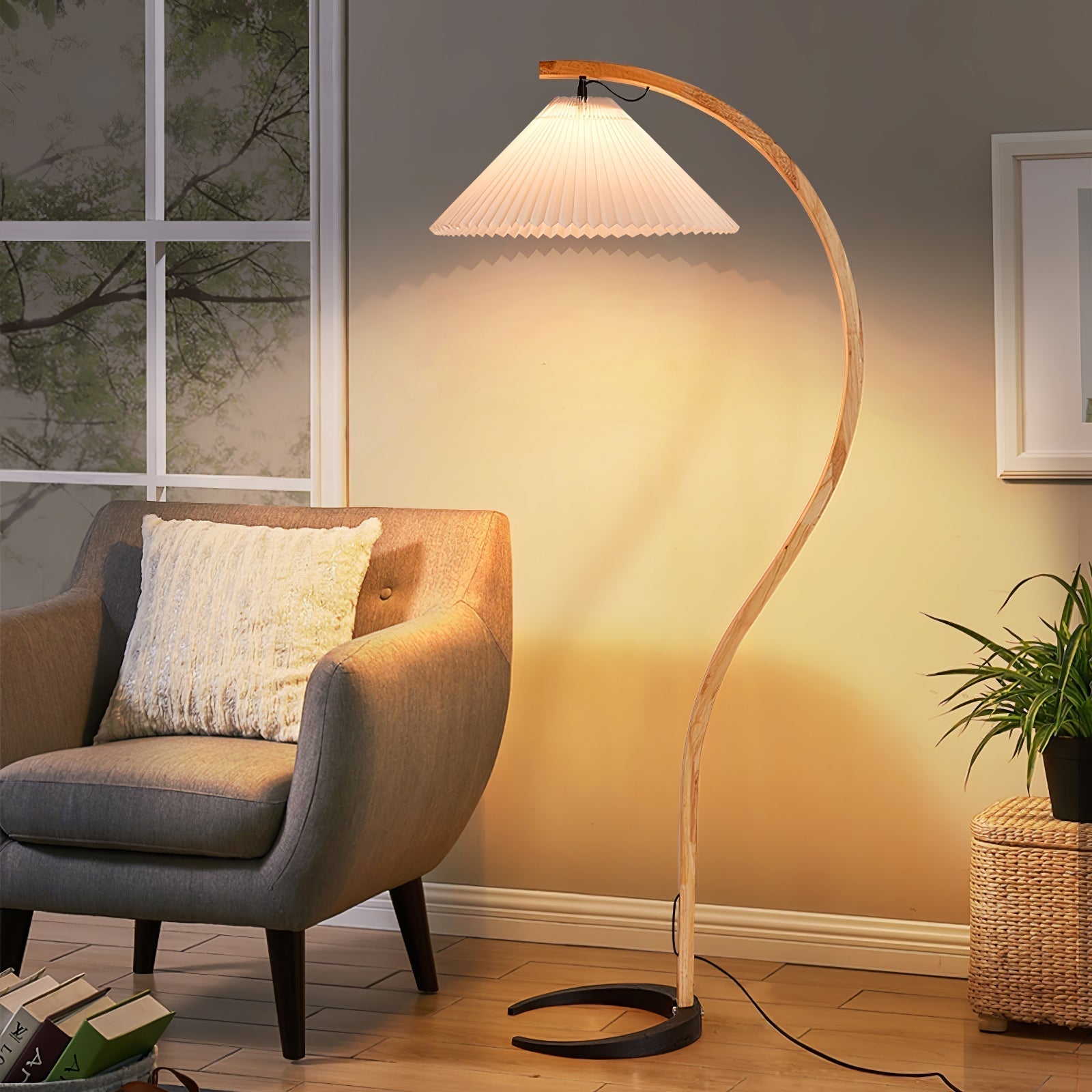Scandinavian Beech Wood Floor Lamp with Pleated Linen Shade Mid Century Modern Standing Light