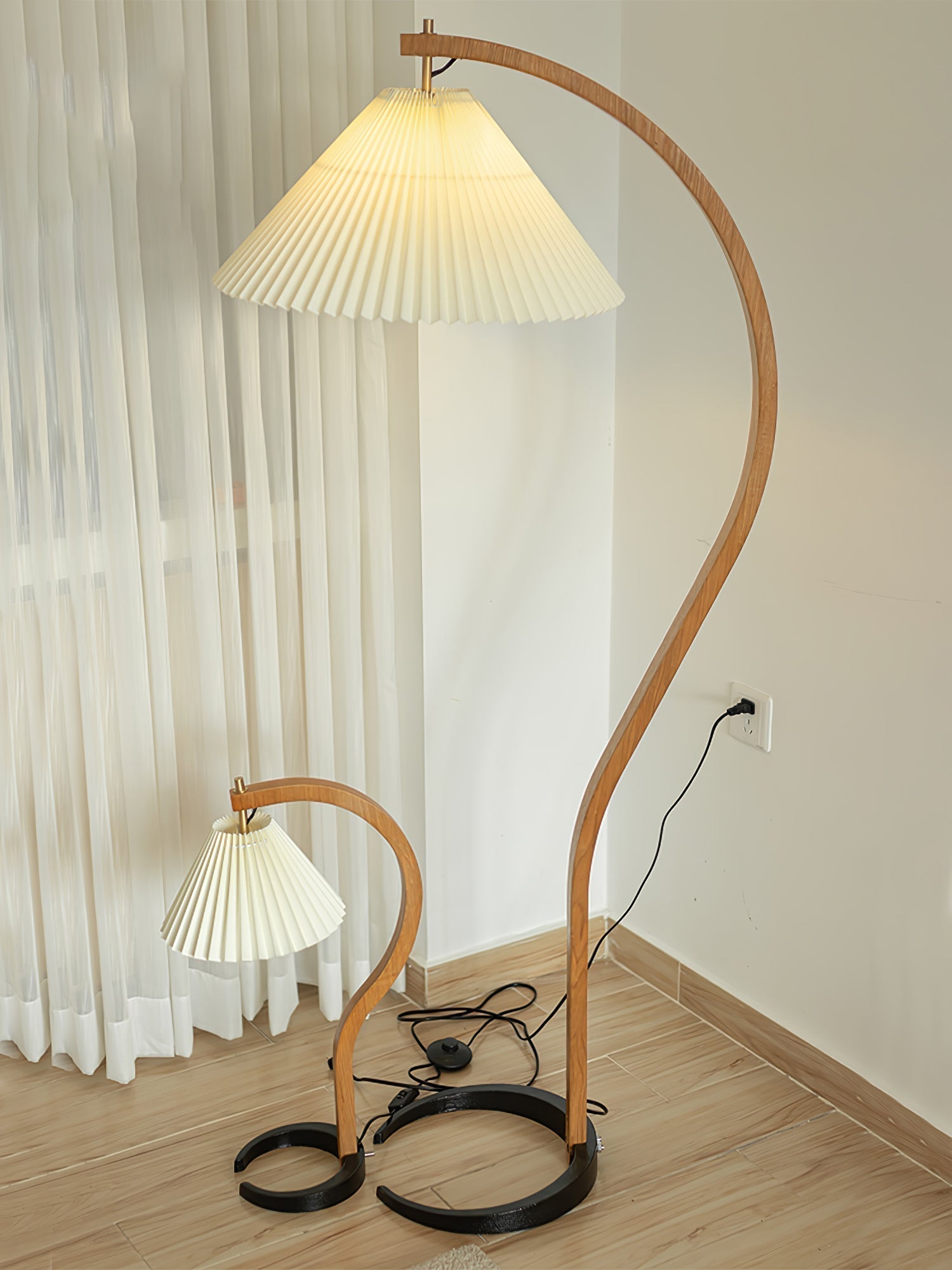 Scandinavian Beech Wood Floor Lamp with Pleated Linen Shade Mid Century Modern Standing Light