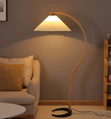 Scandinavian Beech Wood Floor Lamp with Pleated Linen Shade Mid Century Modern Standing Light