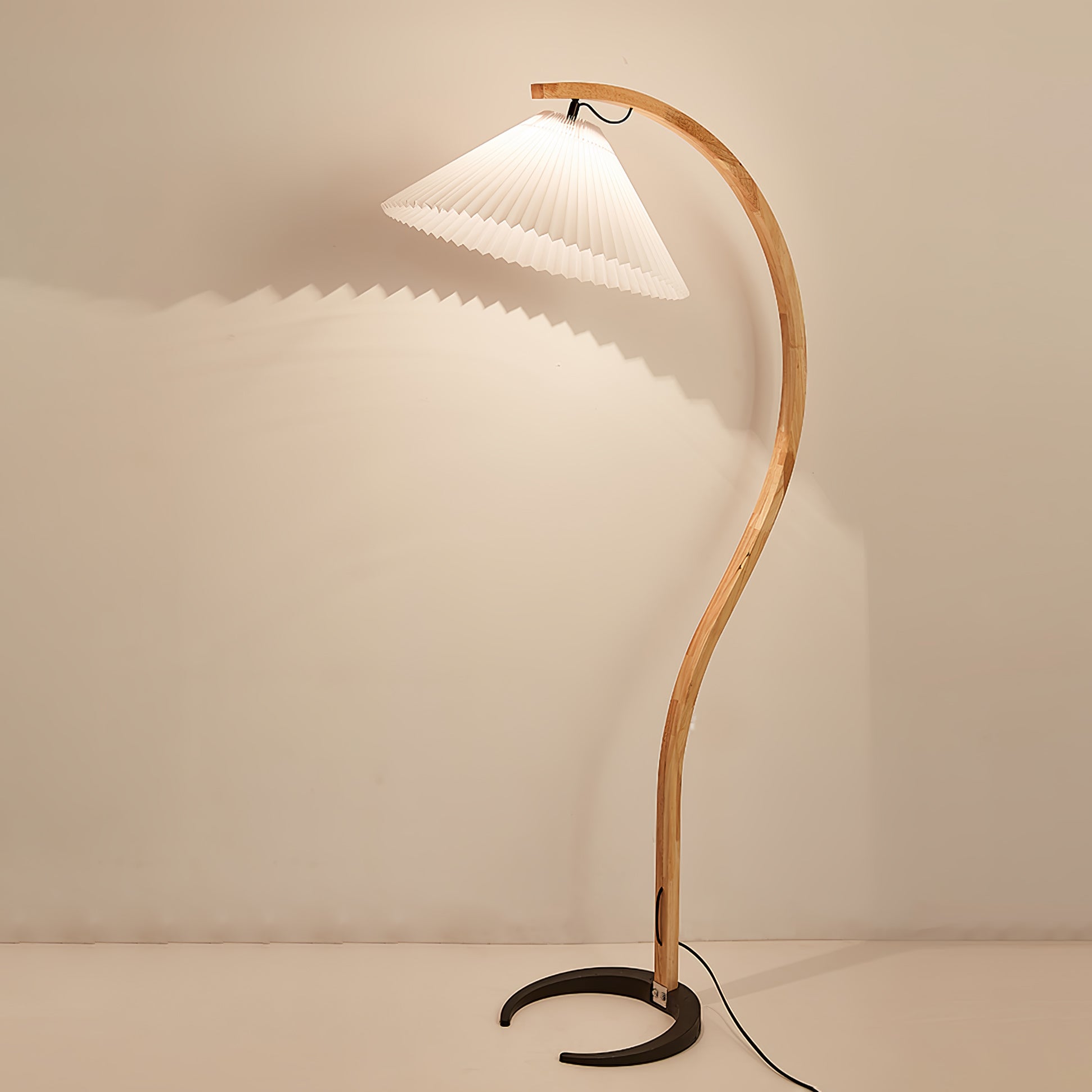Scandinavian Beech Wood Floor Lamp with Pleated Linen Shade Mid Century Modern Standing Light