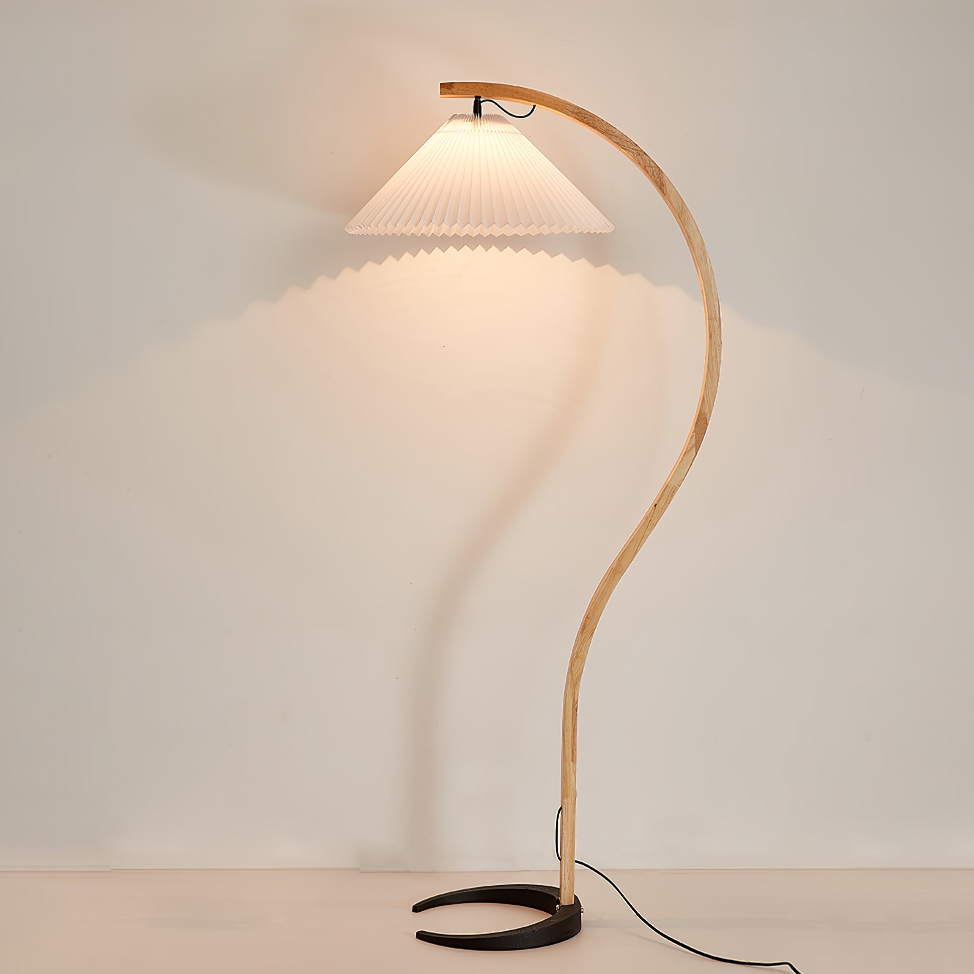 Scandinavian Beech Wood Floor Lamp with Pleated Linen Shade Mid Century Modern Standing Light