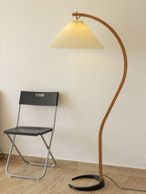 Scandinavian Beech Wood Floor Lamp with Pleated Linen Shade Mid Century Modern Standing Light