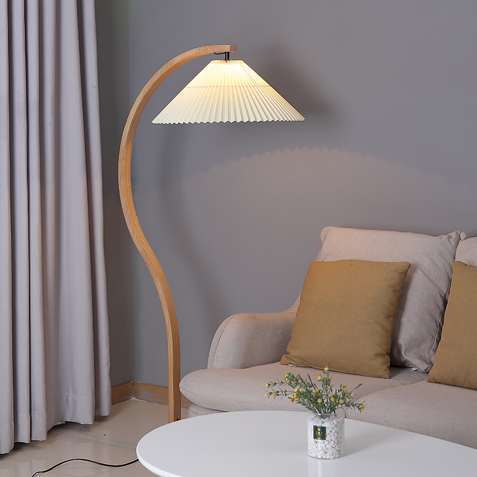 Scandinavian Beech Wood Floor Lamp with Pleated Linen Shade Mid Century Modern Standing Light