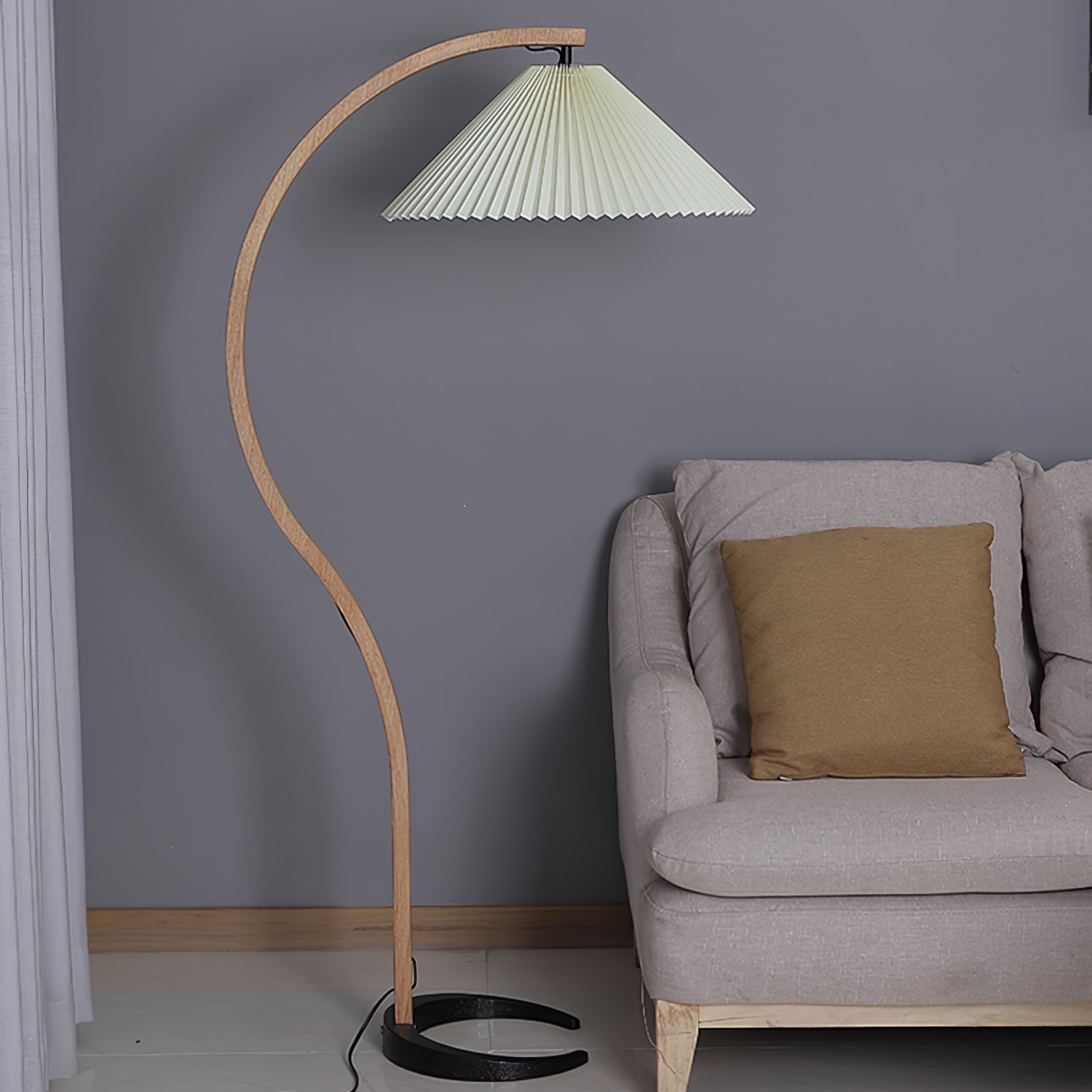 Scandinavian Beech Wood Floor Lamp with Pleated Linen Shade Mid Century Modern Standing Light