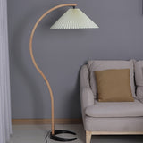 Scandinavian Beech Wood Floor Lamp with Pleated Linen Shade Mid Century Modern Standing Light