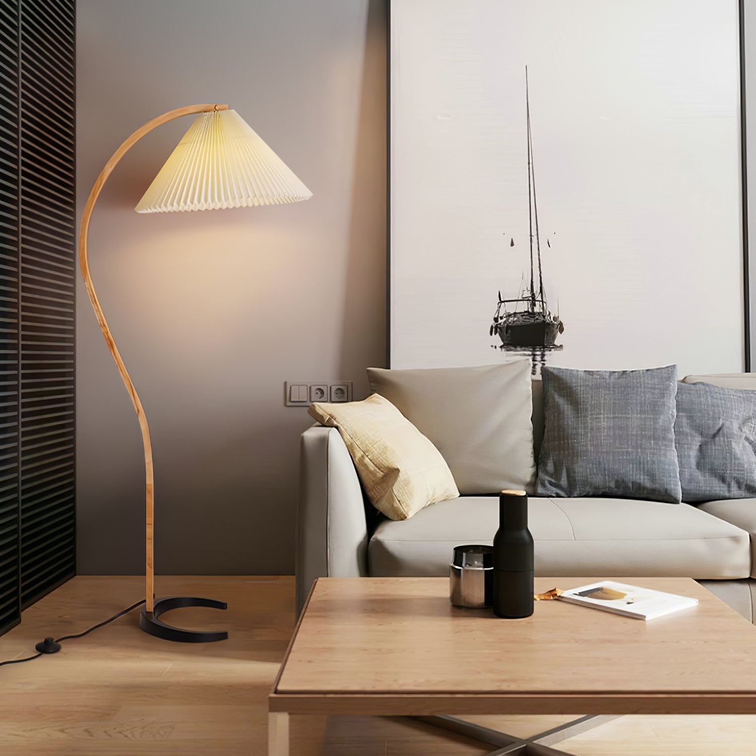 Scandinavian Beech Wood Floor Lamp with Pleated Linen Shade Mid Century Modern Standing Light