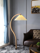 Scandinavian Beech Wood Floor Lamp with Pleated Linen Shade Mid Century Modern Standing Light