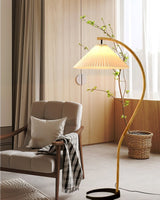 Scandinavian Beech Wood Floor Lamp with Pleated Linen Shade Mid Century Modern Standing Light