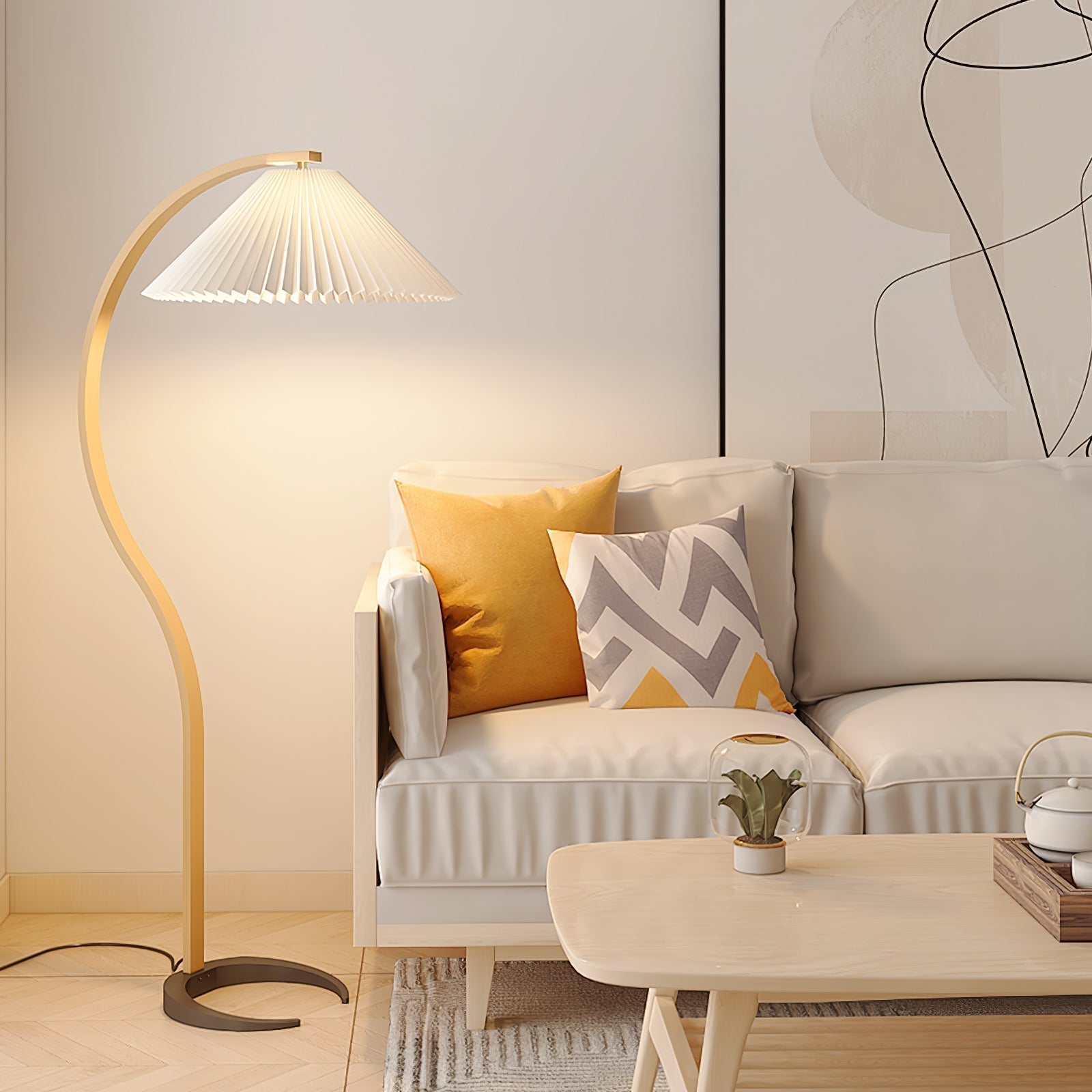 Scandinavian Beech Wood Floor Lamp with Pleated Linen Shade Mid Century Modern Standing Light