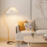Scandinavian Beech Wood Floor Lamp with Pleated Linen Shade Mid Century Modern Standing Light