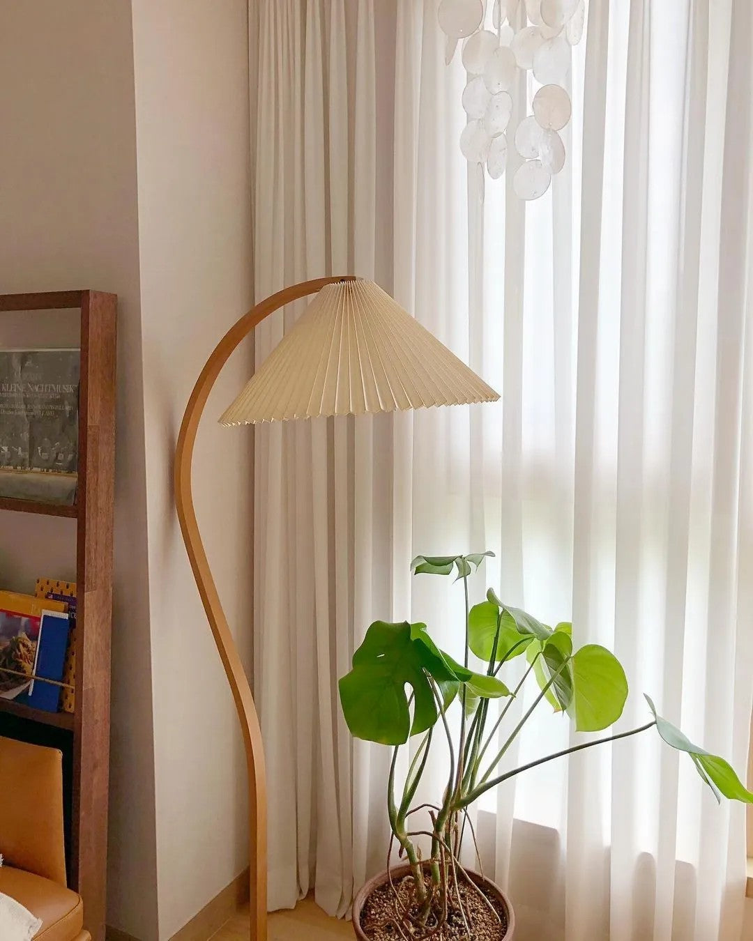 Scandinavian Beech Wood Floor Lamp with Pleated Linen Shade Mid Century Modern Standing Light